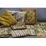 CLASSICAL STYLE SOFT FURNISHINGS to include seven tapestry type chair seat pads and a pair of