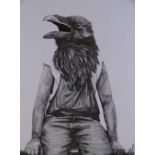 JACK IFFLA pencil drawing - illustration of a seated figure with a head of a crow, entitled verso '