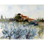 VALERIE GANZ watercolour - Italian landscape entitled verso 'Tuscan Villa through Orchard -