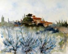 VALERIE GANZ watercolour - Italian landscape entitled verso 'Tuscan Villa through Orchard -