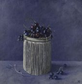 KIM DEWSBURY oil on canvas - still-life with jar, entitled 'Blackcurrants', monogrammed, 19.5 x 19.