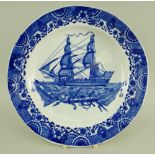 A SWANSEA CAMBRIAN PEARLWARE SHIP TRANSFER PLATE of notched circular form, in blue transfer with