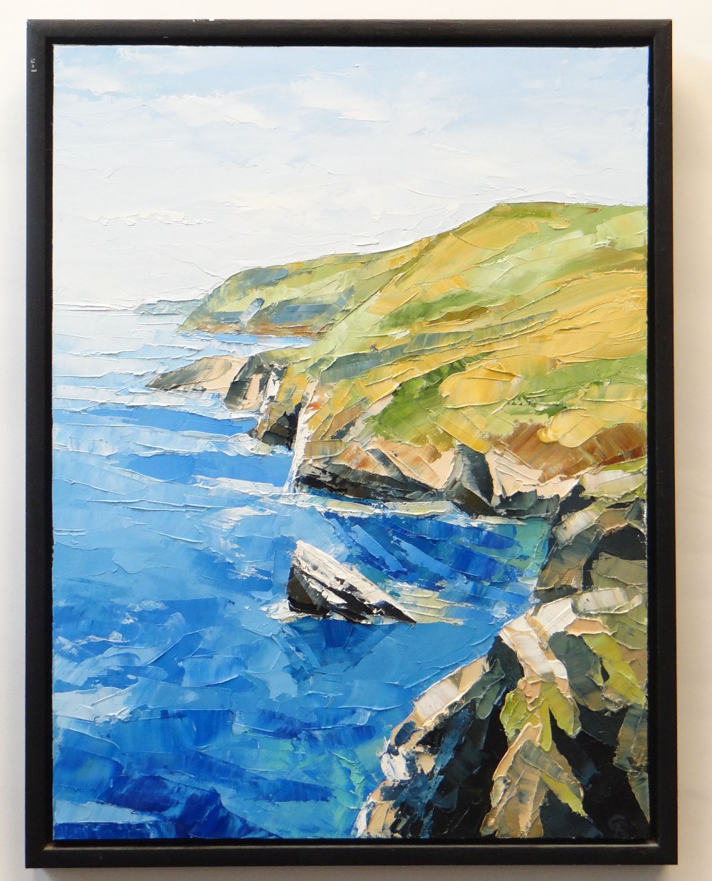 GWYN ROBERTS oil on canvas - Ceredigion coastal cliffs, entitled verso 'Llangrannog Tua'r - Image 2 of 2