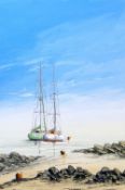 NICK JOHN REES large oil on canvas - bright day on a Pen Llyn beach with two yachts, entitled
