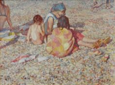 THOMAS RATHMELL oil over acrylic on canvas - mother and children on beach, signed and dated verso