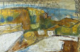 GWILYM PRICHARD mixed media - Anglesey landscape with stencilled script, entitled verso '