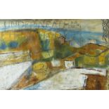 GWILYM PRICHARD mixed media - Anglesey landscape with stencilled script, entitled verso '