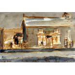 KAREL LEK mixed media - old shop frontage and buildings, signed, 13 x 20cms Provenance: deceased