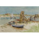 GYRTH RUSSELL watercolour - East Fleet Estuary, Wells-next-to-Sea, Norfolk with boats, titled bottom