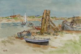 GYRTH RUSSELL watercolour - East Fleet Estuary, Wells-next-to-Sea, Norfolk with boats, titled bottom