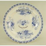 A SWANSEA DILLWYN POTTERY PLATE FOR THOMAS THOMAS in a light blue transfer pattern known as '