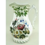 AN YNYSMEUDWY WATER JUG IN A FLORAL TRANSFER PATTERN of bellied form over a spreading foot, with