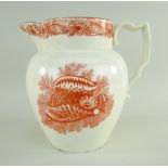 A SWANSEA CAMBRIAN POTTERY JUG WITH MARINE LIFE TRANSFER of ovoid form with scroll handle, printed