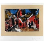 JOSEF HERMAN limited edition (3/150) colour print - figure seated in village with church, signed, 44