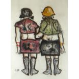 KAREL LEK mixed media - two cigarette smoking ladies walking, signed, 67 x 49cms Provenance: private