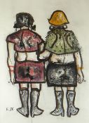 KAREL LEK mixed media - two cigarette smoking ladies walking, signed, 67 x 49cms Provenance: private