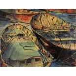 ARTHUR H S RICHARDS mixed media - study of three tethered rowing boats, signed, 35 x 46.5cms