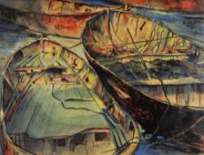 ARTHUR H S RICHARDS mixed media - study of three tethered rowing boats, signed, 35 x 46.5cms