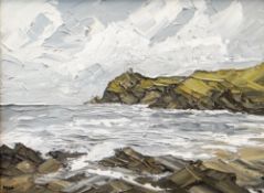 MARTIN LLEWELYN oil on board - coastal scene, signed with initials and entitled verso 'Rocks,