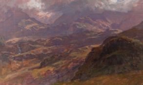 DAVID WOODFORD oil on card - Eryri mountains in cloud, entitled 'Nant Ffrancon', signed verso, 26