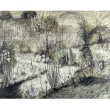 BERT ISAAC pen and ink wash, pastel and watercolour - garden scene with landscape beyond, entitled