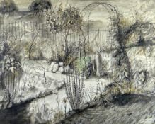 BERT ISAAC pen and ink wash, pastel and watercolour - garden scene with landscape beyond, entitled