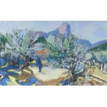 GWILYM PRICHARD pastel - standing figure amongst olive trees, signed in full and handwritten