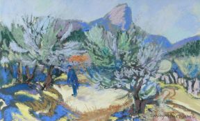 GWILYM PRICHARD pastel - standing figure amongst olive trees, signed in full and handwritten