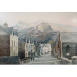 JANE CARPANINI watercolour - Llanberis High Street, Gwynedd with Eryri (Snowdon) beyond, signed