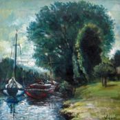 ANDREW VICARI oil on board - canal with two boats and trees, entitled verso on artist's