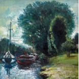 ANDREW VICARI oil on board - canal with two boats and trees, entitled verso on artist's