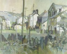 MOIRA HUNTLEY acrylic on canvas - houses at a Moel Tryfan village, Gwynedd with chapel, entitled