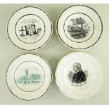 FOUR SWANSEA DILLWYN CHILD'S PLATES each having moulded tulip and rose borders, with transfer
