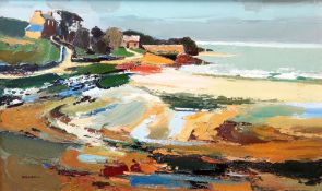 DONALD McINTYRE oil on canvas - coastal scene with cottages 'Low Tide', signed in full, 75 x