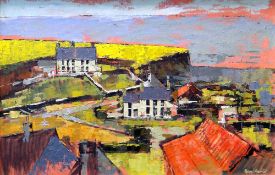 HYWEL HARRIES oil on board - Welsh coastal scene with houses, inscribed verso 'Aberarth, Cards' (