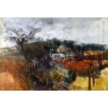 GWILYM PRICHARD watercolour - landscape with building and trees, signed and dated February 1975,
