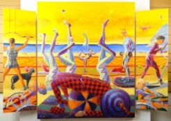 RICHARD O'CONNELL triptych oil on canvas connected by hooks - surreal view, entitled 'Beach Gym,