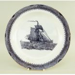A SWANSEA CAMBRIAN SHIP PLATE of circular form, transfer in manganese with a single-masted ship in