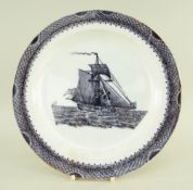 A SWANSEA CAMBRIAN SHIP PLATE of circular form, transfer in manganese with a single-masted ship in