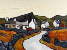 DAVID BARNES oil on board - village with whitewashed cottages and autumnal colours, signed with