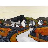 DAVID BARNES oil on board - village with whitewashed cottages and autumnal colours, signed with