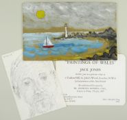 JACK JONES various ephemera - (1) a pencil drawing self-portrait entitled 'Pensive' and initialled