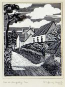 MYFANWY HAYCOCK monochrome scraperboard engraving - village scene, entitled in margin 'View at