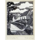 MYFANWY HAYCOCK monochrome scraperboard engraving - village scene, entitled in margin 'View at