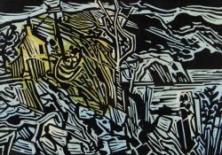 BERT ISAAC limited edition (28/100) linocut - quarry with building and trees, entitled 'Flooded
