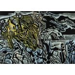 BERT ISAAC limited edition (28/100) linocut - quarry with building and trees, entitled 'Flooded