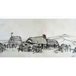 SIR KYFFIN WILLIAMS RA pen and ink wash - rare scene of thatched cottages in a landscape, probably
