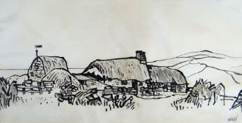 SIR KYFFIN WILLIAMS RA pen and ink wash - rare scene of thatched cottages in a landscape, probably