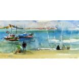 JANE CORSELLIS watercolour - Basque Country beach scene with figures and fishing boats, entitled