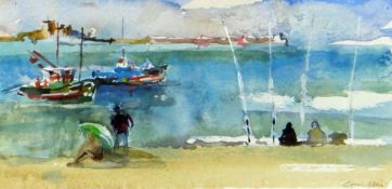 JANE CORSELLIS watercolour - Basque Country beach scene with figures and fishing boats, entitled